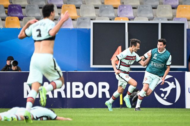Fabio Vieira celebrates scoring in the U21 Euro semi-final