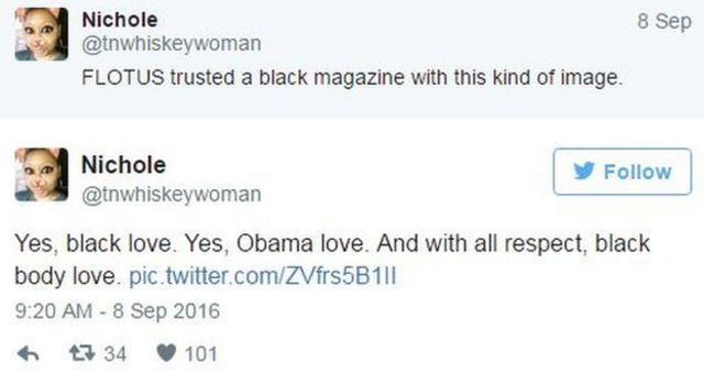 「FLOTUSは黒人雑誌にこんな写真を撮らせたのか」「そう、ブラック・ラブ（黒人同志の愛）だよ。慎んで言いますけど、黒人ボディーの愛」