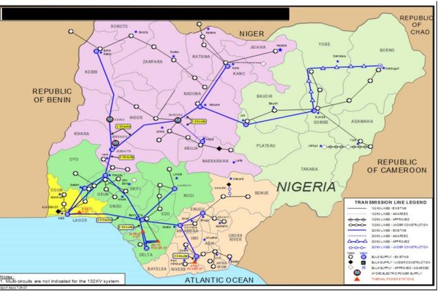 Dis na Transmission Company of Nigeria chart wey dey showhow di electric line cnnect di country.