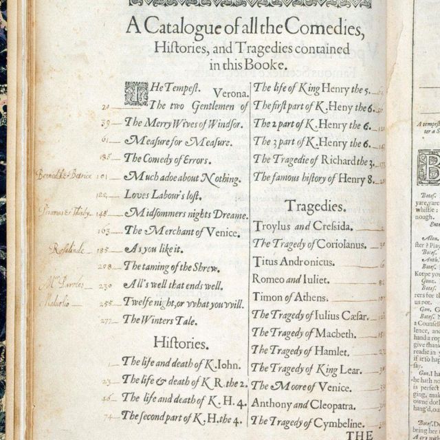 Página de la copia del Primer Folio en la colección real con anotaciones de un dueño anterior