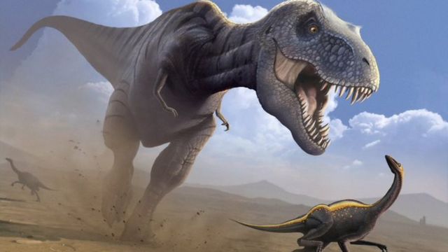 Illustrazione di un T-Rex che insegue una preda