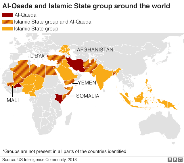 Map of the world showing countries where al-Qaeda and IS operate