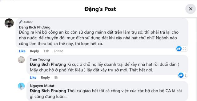 Bình luận về nhà hát Hồ Gươm trên Facebook Đặng Bích Phượng, trong đó cho biết nhà hát này được xây trên mảnh đất vốn là doanh trại của Bộ Công an và được tập đoàn Sun Group đầu tư xây dựng thành nhà hát để tặng Bộ Công an