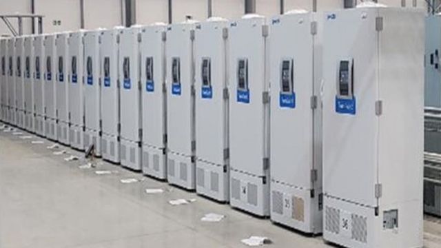 Freezers, at a secure location in the UK, which can each hold more than more than 80,000 doses of the Pfizer/BioNTech coronavirus vaccine