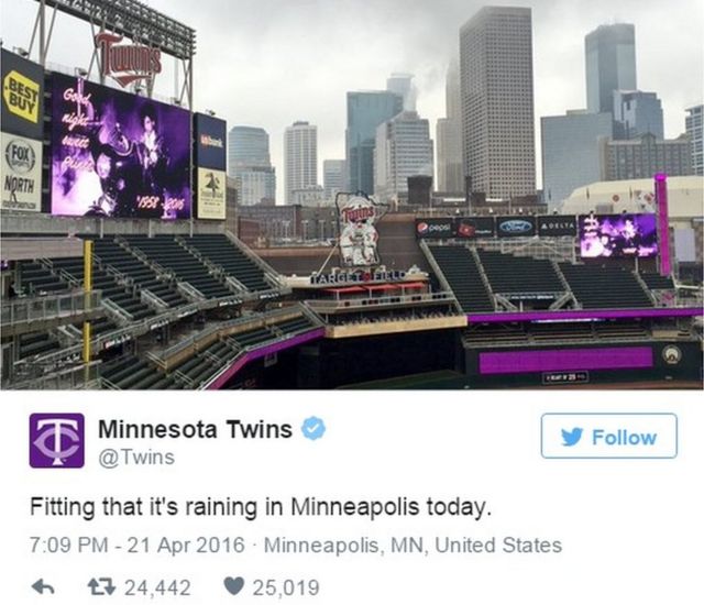 ミネソタ・ツインズはパープルで彩ったスタジアム写真をツイート