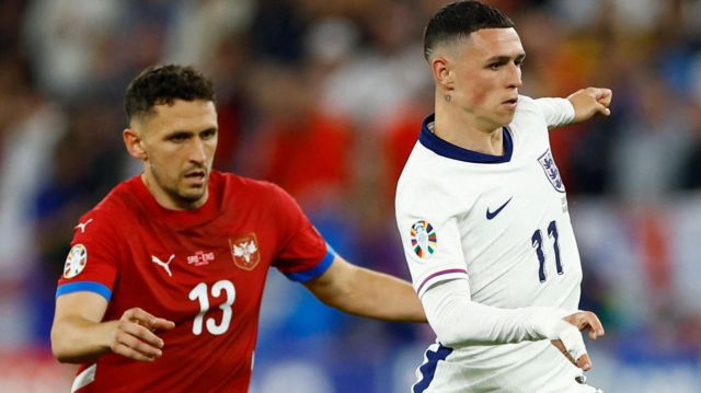 Phil Foden in action for England against Serbia