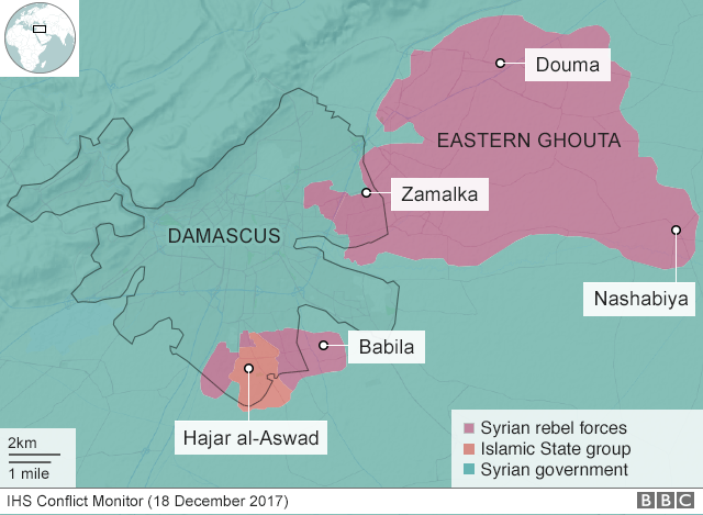 昨年12月18日時点でのダマスカスおよび近郊の各勢力の支配地域。緑が政権、紫が反体制派、オレンジが「イスラム国」（IHSコンフリクトモニター調べ）