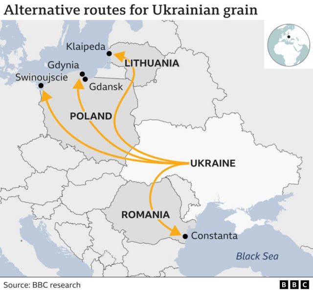 Các tuyến đường thay thế vận chuyển ngũ cốc bằng đường biển từ Ukraine.