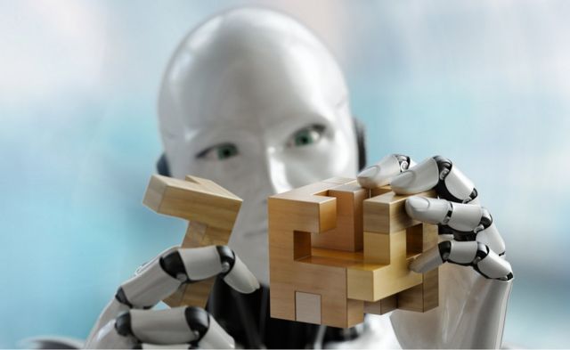Una imagen en 3D de un robot humanoide armando un rompecabezas de madera.