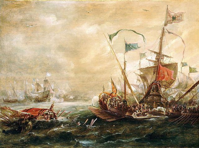Españoles enfrentados con piratas de Berbería, primera mitad del siglo XVII en esta obra de Andries van Eertvelt (1590-1652).