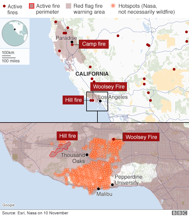 Maps showing where wildfires are active across California