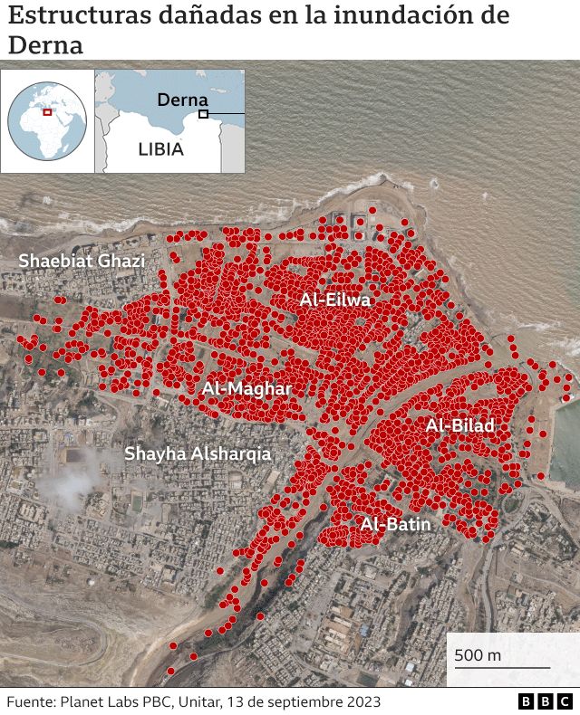 Mapa de las zonas dañadas en Derna. 