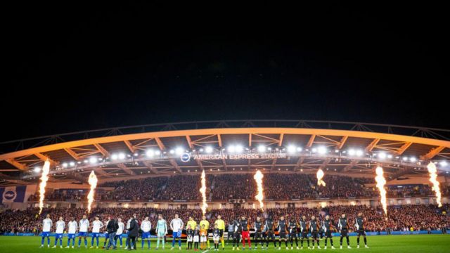 Teams line up before the Europa League match between Brighton and Marseille at Amex Stadium