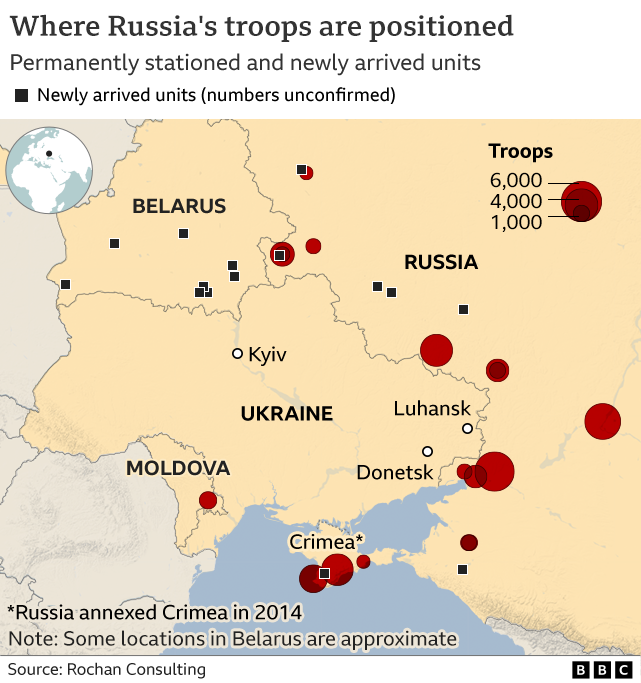 Map shows where Russia's troops are positioned.