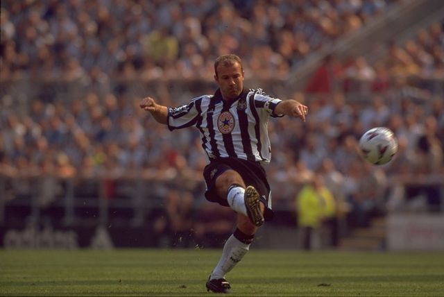 Alan Shearer takes a free kick for Newcastle