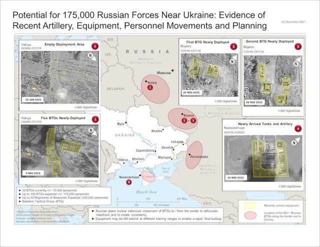 На карте, полученной Washington Post от источников в американской разведке, показаны места размещения примерно 70 тыс. российских военных вблизи границы с Украиной