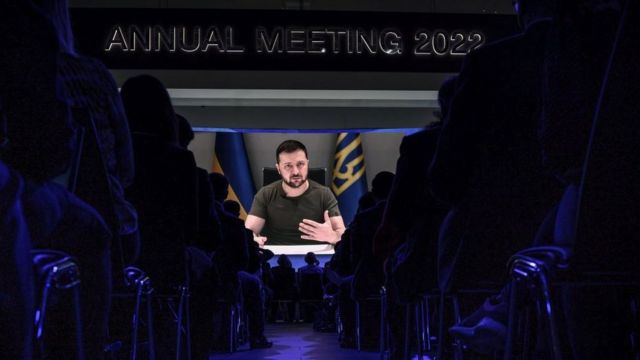 On May 23, 2022, Ukrainian President Volodymyr Zelensky attended the World Economic Forum in Davos via video