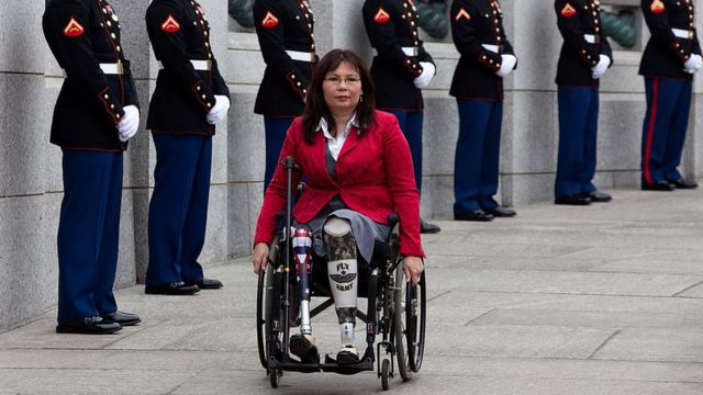 Tammy Duckworth arrives at a World War II Memorial ceremony to pay tribute to World War II veterans of the Pacific on March 11, 2010