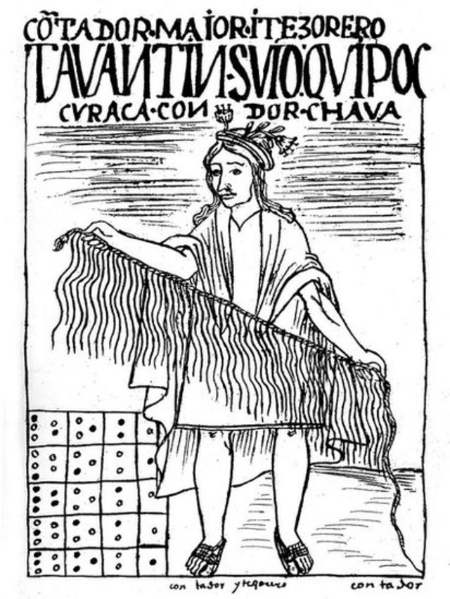 Ilustración de un contador y tesorero con un quipu en la mano.