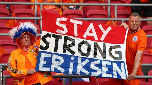 Supporters in the ground displayed banners with messages of support for Eriksen, with one reading 'Stay strong Eriksen' in English