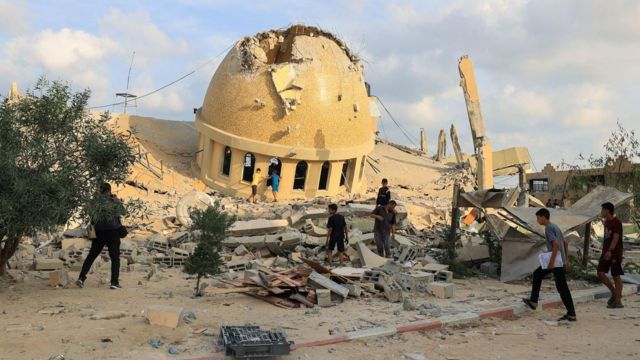 A view of destroyed Al Amin Muhammad Mosque hit by Israeli airstrike, in southern Gaza Strip 