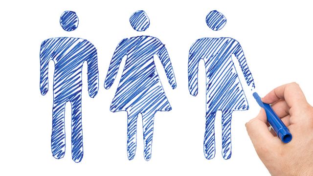 Desenho de um homem, uma mulher e uma pessoa não-binária
