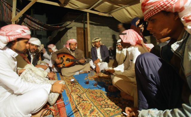 A man playing an instrument at a Bedouin wedding in St Catherine, Egypt - Friday 19 October 2018