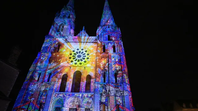 Illuminated French cathedral at Christmas