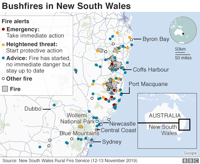 Map: Bushfires in NSW 12-13 November