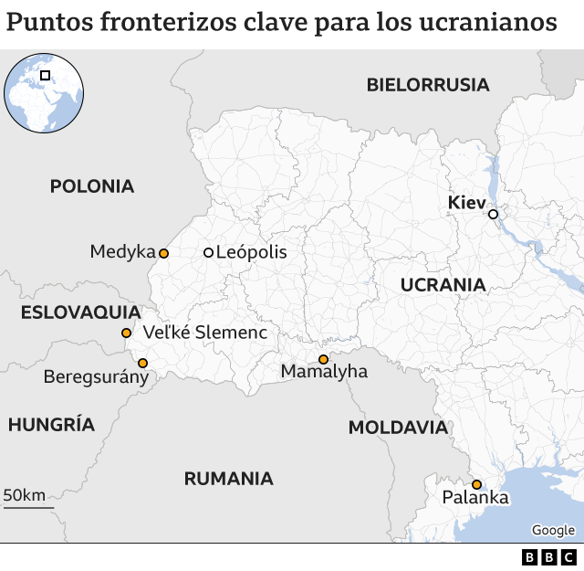 Mapa con los puntos fronterizos clave de Ucrania.