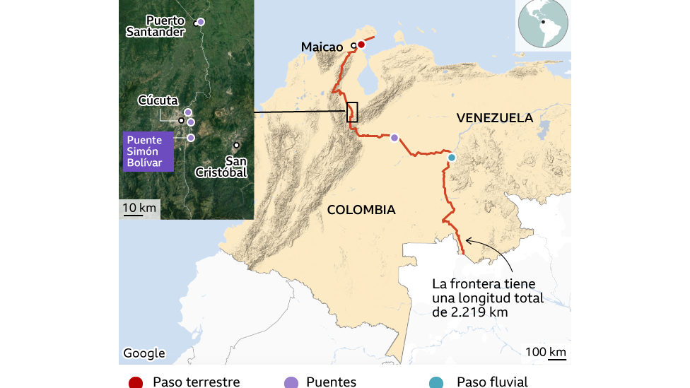 Mapa de Colombia y Venezuela y de la frontera.