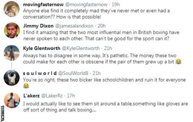 Fans on Twitter are shocked that promoters Eddie Hearn and Frank Warren have never met. One fan says it "can't be good for the sport"