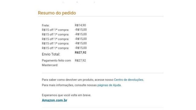 Usuária conseguiu 75 reais de desconto numa compra na Amazon nesta quarta-feira