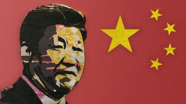 Ilustração de Xi Jinping e elementos da bandeira chinesa
