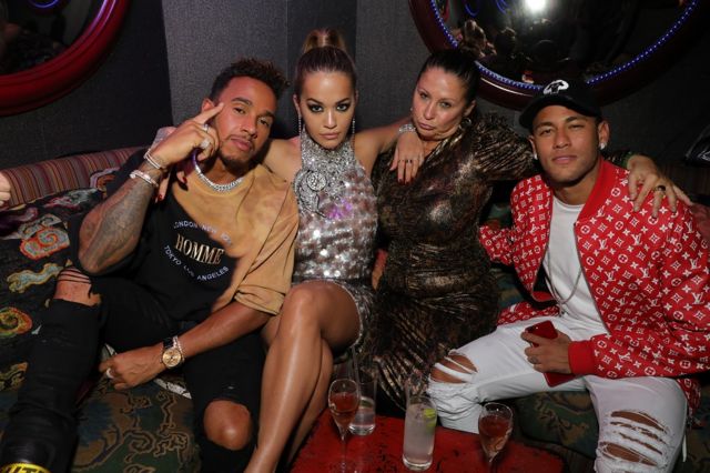 Lewis Hamilton, Rita Ora, Guest and Neymar attends the Miu Miu LOVE party at Loulou's on September 18, 2017 in London, England.