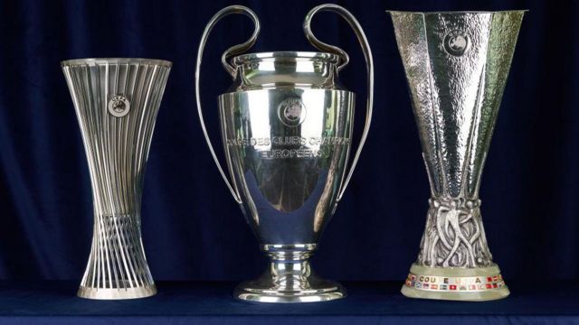 Champions League trophy, Europa League trophy and Europa Conference League trophy