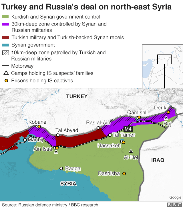 Map showing Turkey and Russia's deal on north-east Syria