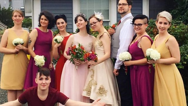 A wedding photo with bridesmaids