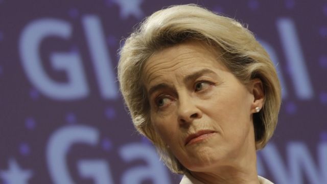 The President of the European Commission, Ursula von der Leyen, during a press conference in Brussels