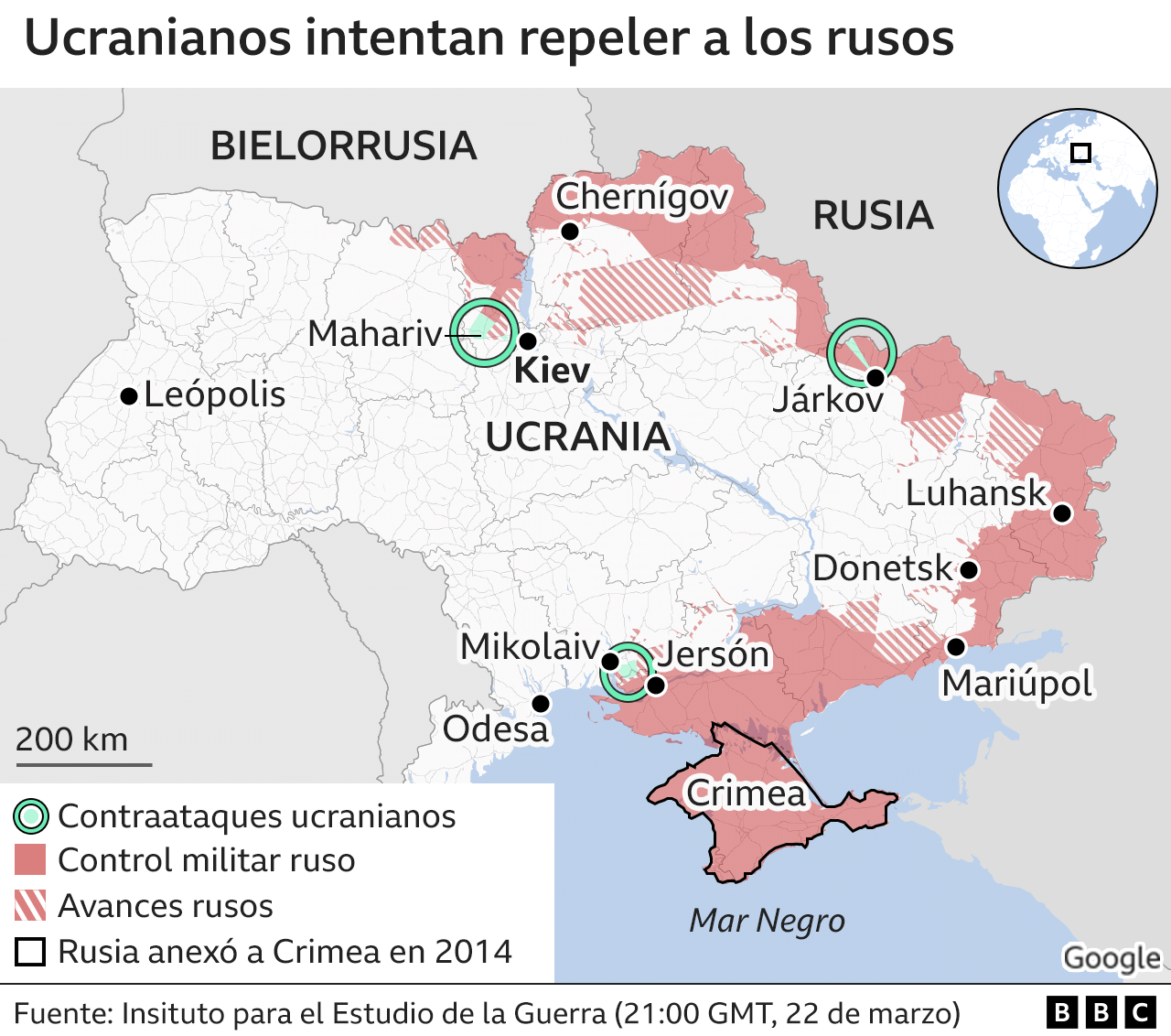 Mapa de Ucrania que muestra la resistencia ucraniana contra las fuerzas rusas