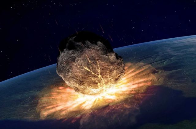 An artist's rendering of a giant meteorite crashing into the earth.