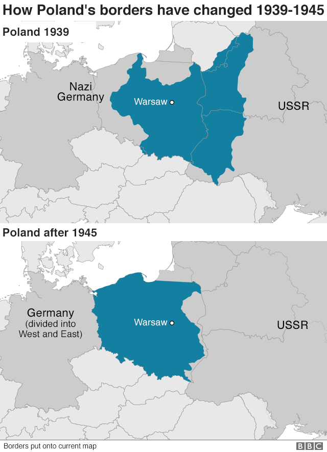 Map showing Poland before 1939 and Poland after 1945