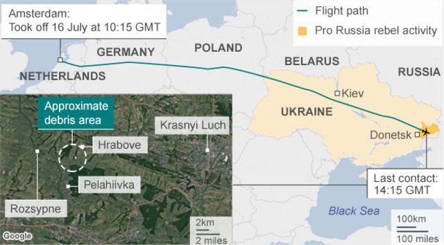 MH17便の航路。オランダのアムステルダムを2014年7月16日の午前10時15分（グリニッジ標準時）に離陸した飛行機は、同午後2時15分にウクライナのドネツク近郊で交信したのを最後に墜落した