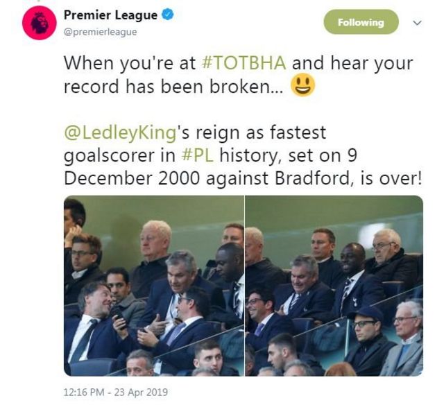 Premier League tweet about Ledley King being told his record has been broken