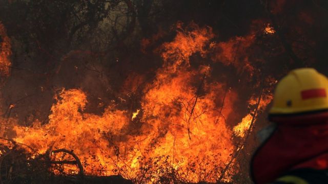 Bombeiro combate incêndio em Roboré, na região de Santa Cruz em 22 de agosto de 2019