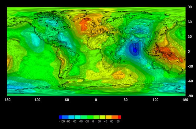 Mapa de la Tierra donde se aprecia, por colores, los distintos valores de la gravedad. 