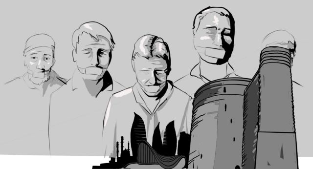 Черно-белый рисунок. Люди с заклеенными ртами. На переднем плане виды города Баку