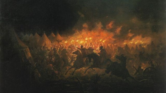 "El ataque nocturno en Târgoviște", una batalla librada entre las fuerzas de Vlad el Empalador y el sultán Mehmed II en 1462, pintada por pintura de Theodor Aman.