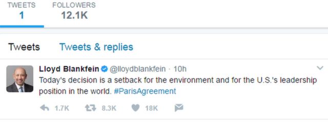 A tweet from Lloyd Blankfein, Goldman Sachs boss
