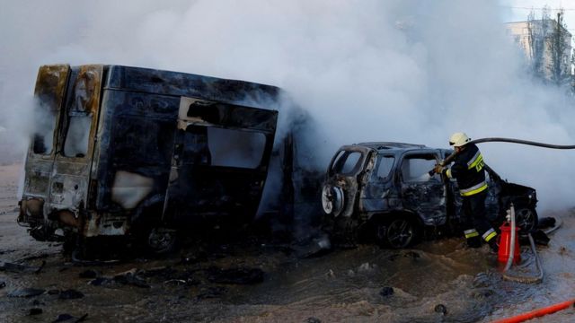 Cars burn in Kyiv